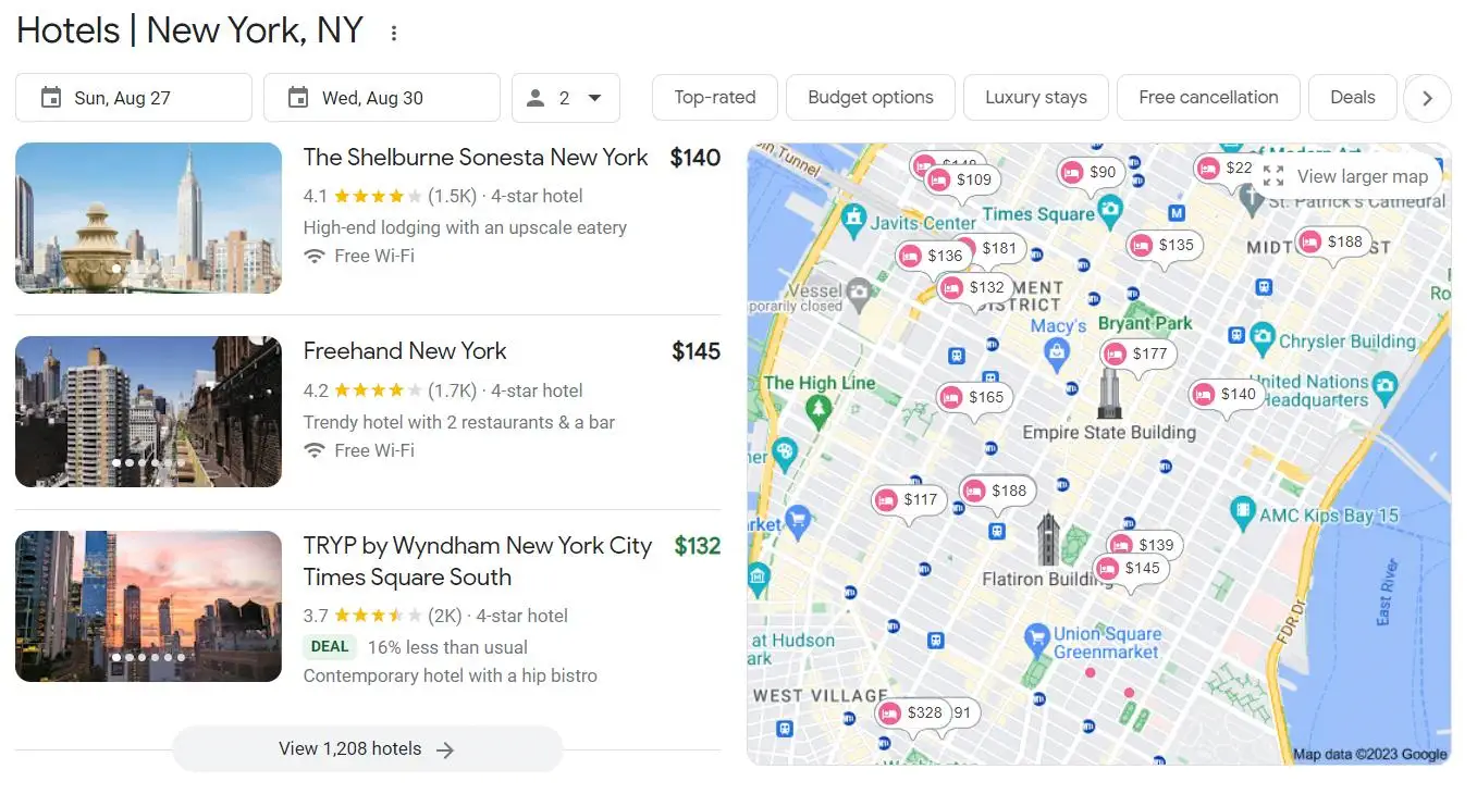 Une capture d'écran pour réserver un hôtel sur Google