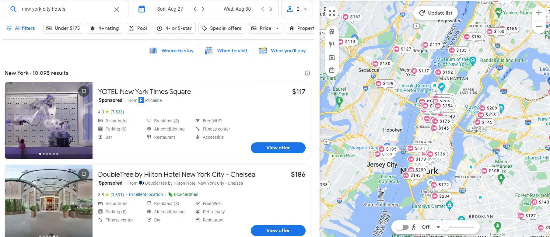 Une capture d'écran pour réserver un hôtel sur Google