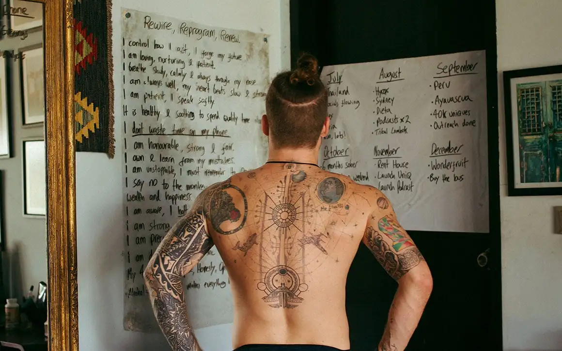 Homme seins nus avec des tatouages regardant une liste.