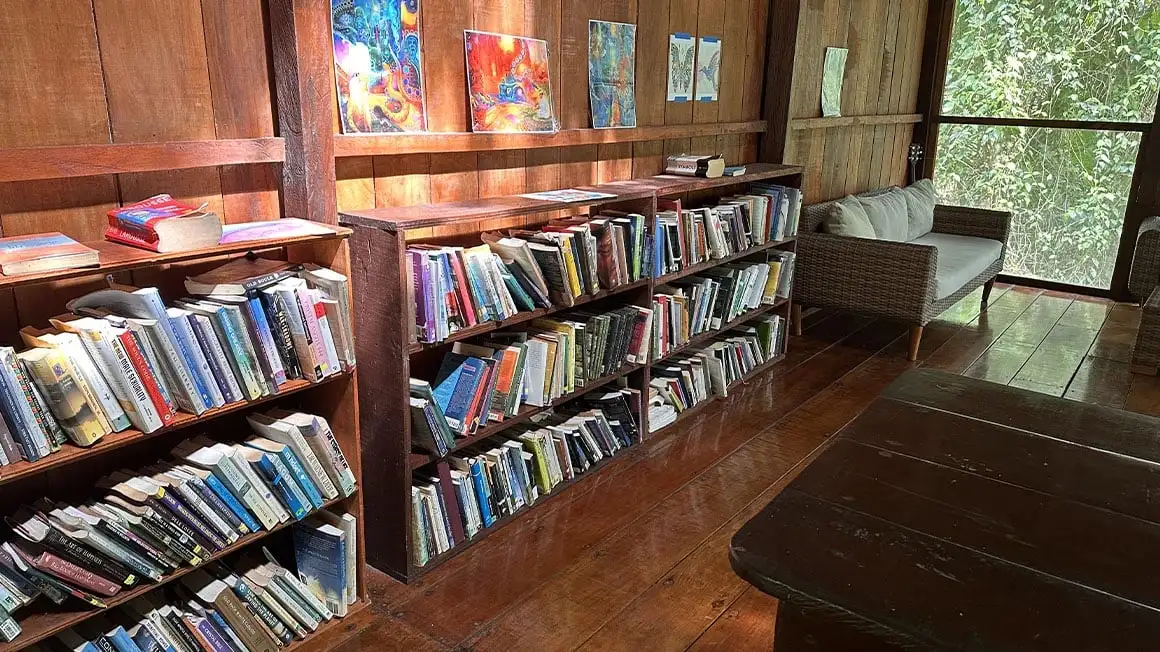 Étagère de bibliothèque avec livres de méditation et de conscience de soi. Tableaux et canapés.