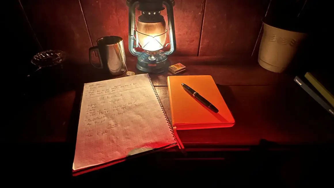 Lampe au kérosène éclairant un journal avec un stylo et un bloc-notes la nuit.