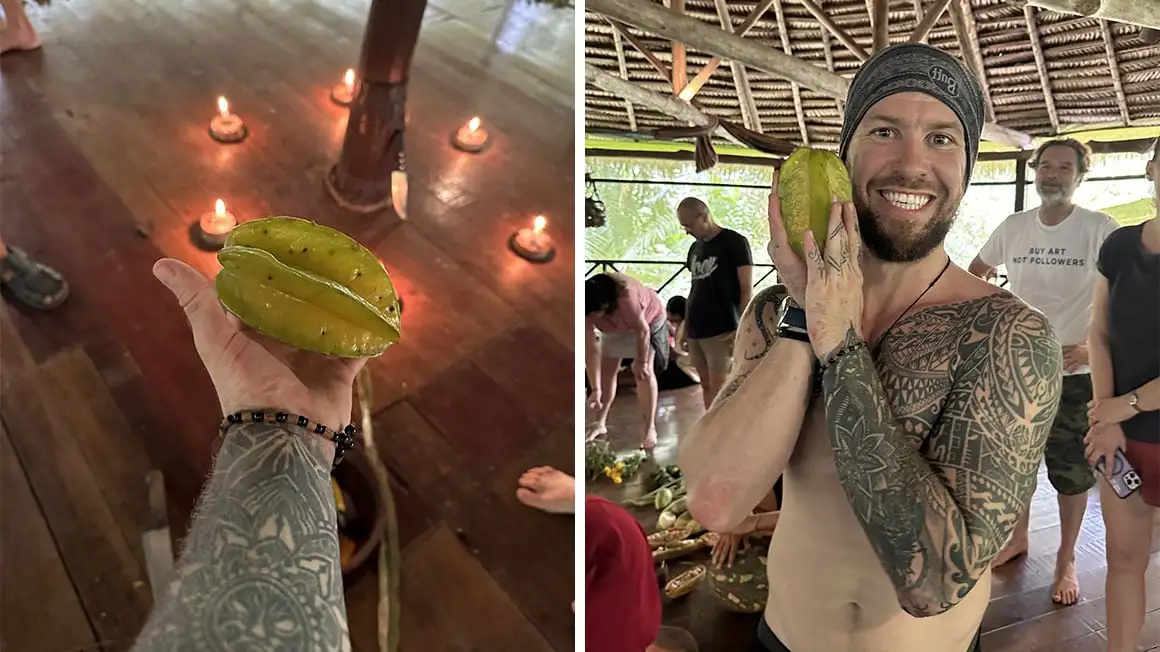 images carrées taille par taille : l'une avec une main tenant une carambole : l'autre avec Will souriant tenant la carambole contre son visage