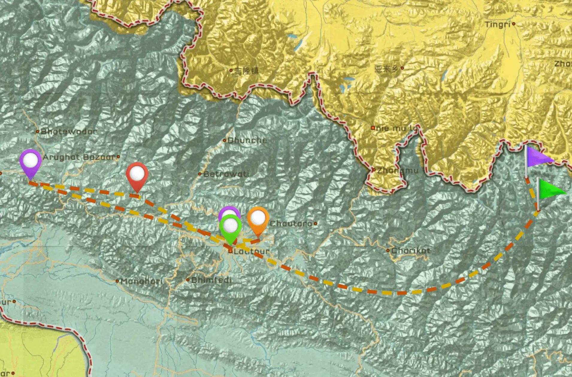 Mapa do itinerário de viagem do Nepal nº 2