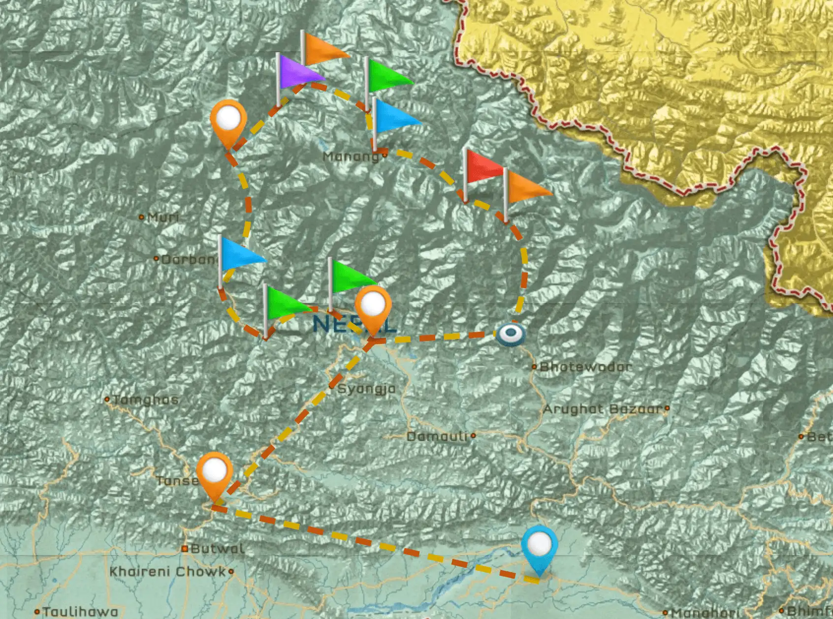 Itinerário de viagem do mapa do Nepal nº 3