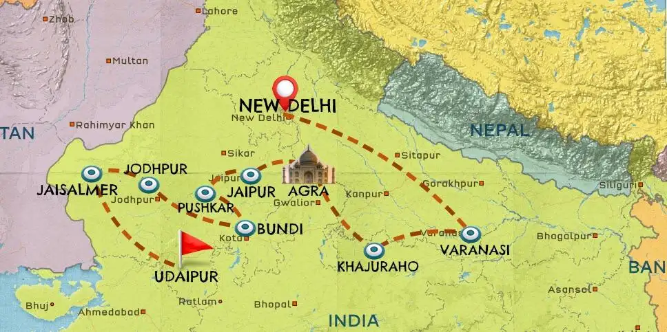 Carte de l'itinéraire de voyage en Inde #1