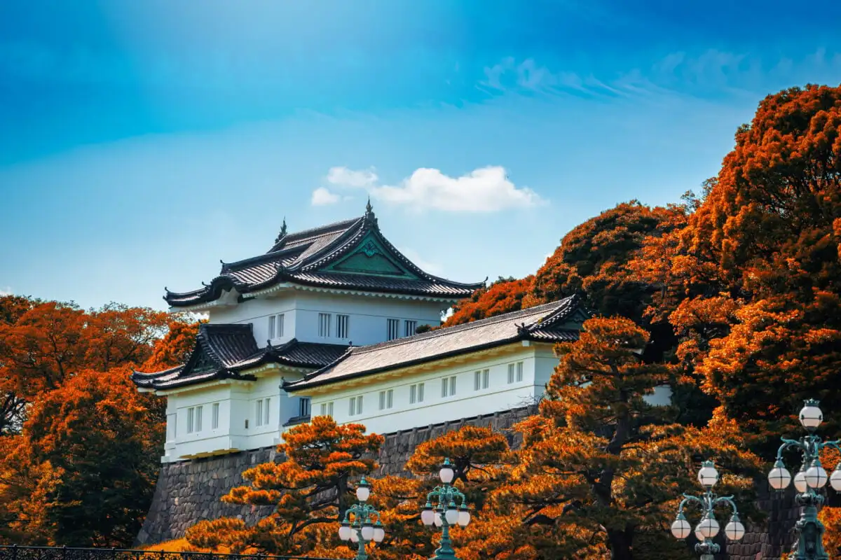 palais japonais blanc au milieu du feuillage orange, les meilleurs endroits à visiter à Tokyo