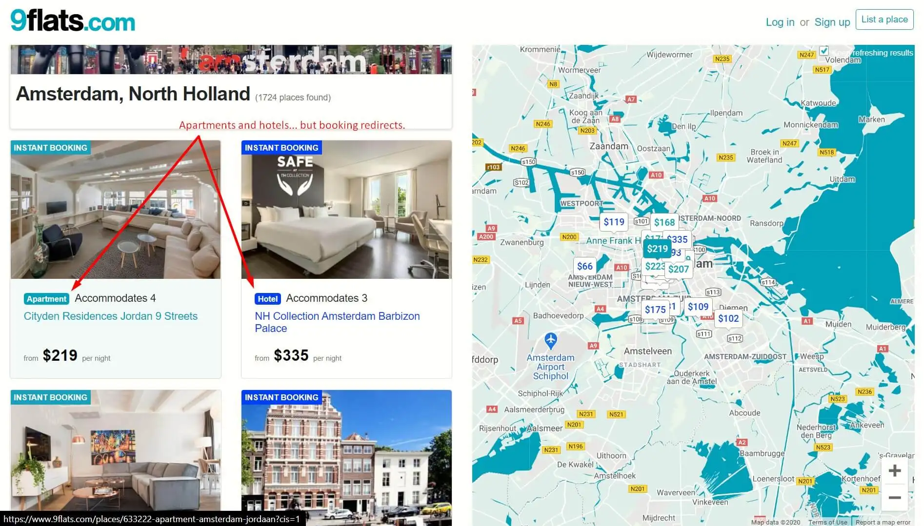 9Flats 搜索页面包含与 Booking.com 的 Airbnb 类似的住宿