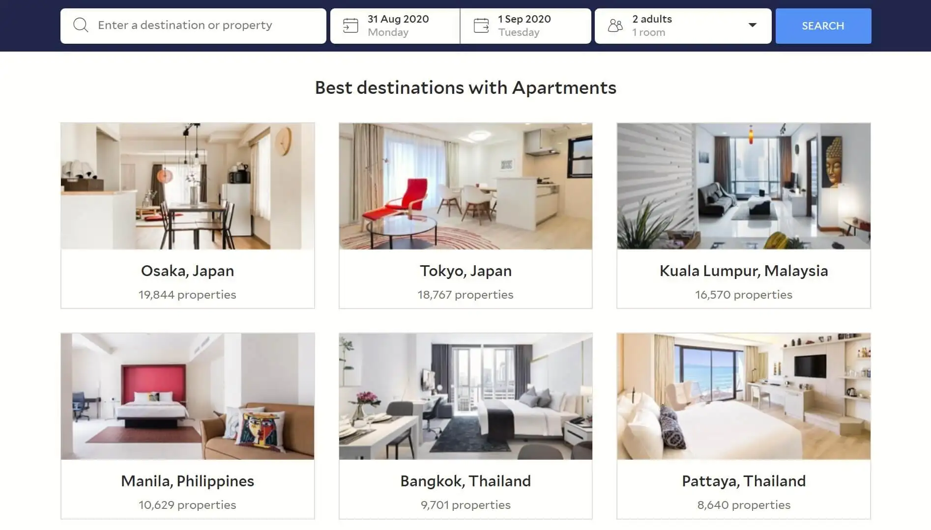 Agoda 主页显示亚洲目的地的 Airbnb 型住宿
