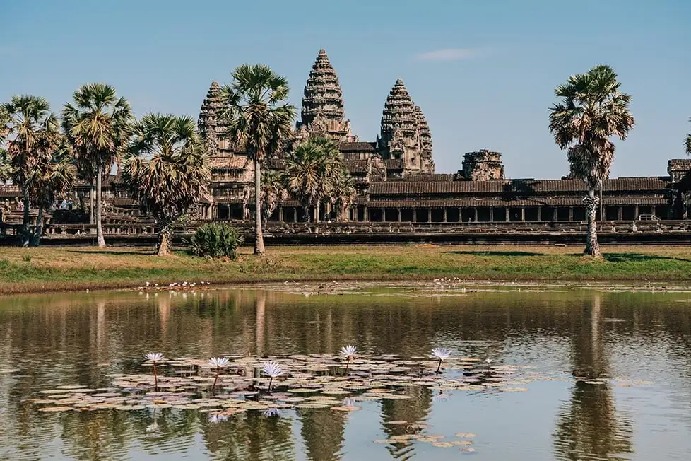 Templo de Angkor Wat visto de uma das lagoas, o templo é refletido na água e há água roxa Lilly