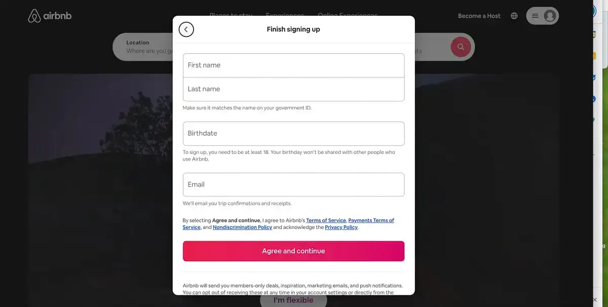 στιγμιότυπο οθόνης της φόρμας εγγραφής airbnb