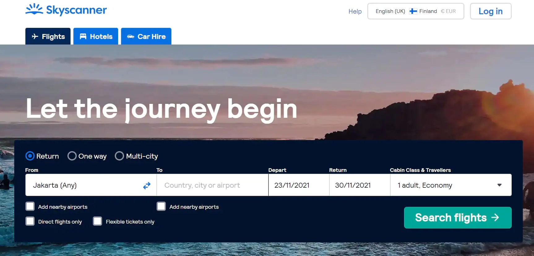 page d'accueil du skyscanner