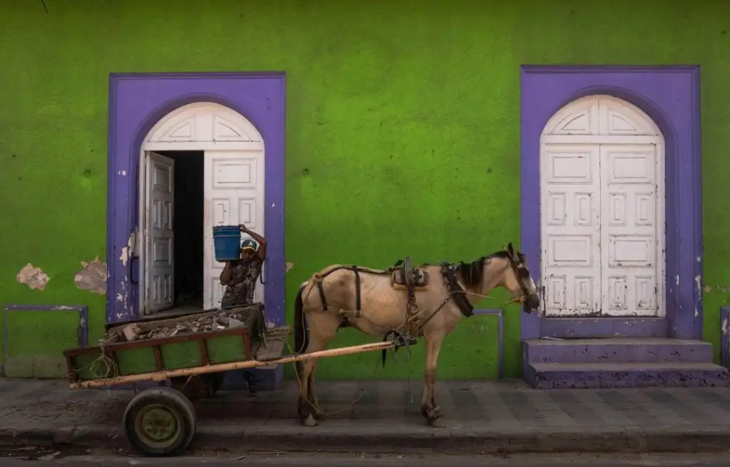 Homme transportant des trucs sur une charrette à cheval à Granada Nicaragua