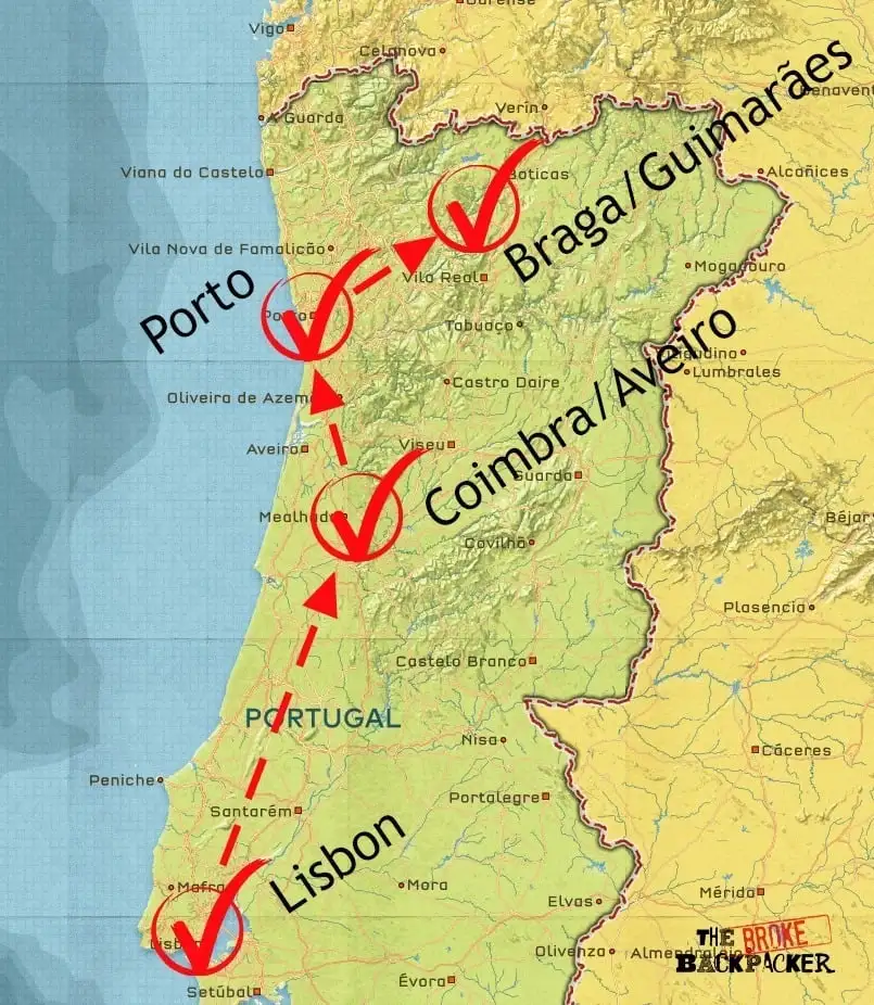 mapa de roteiro de mochila portugal 10 dias