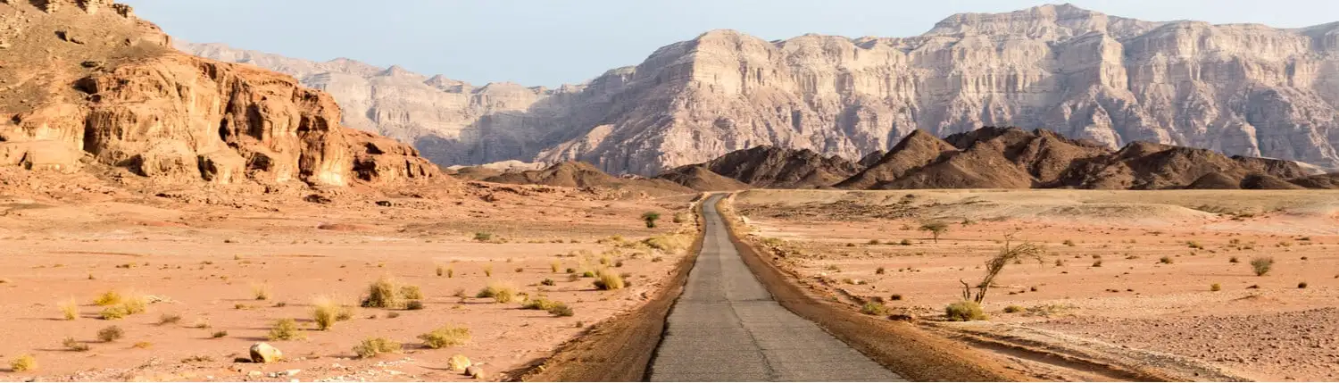 Une longue route qui traverse la région du désert du Néguev en Israël