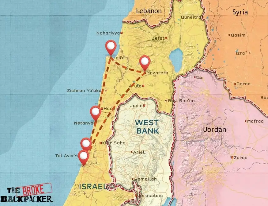 Carte de l'itinéraire de voyage en Israël #1