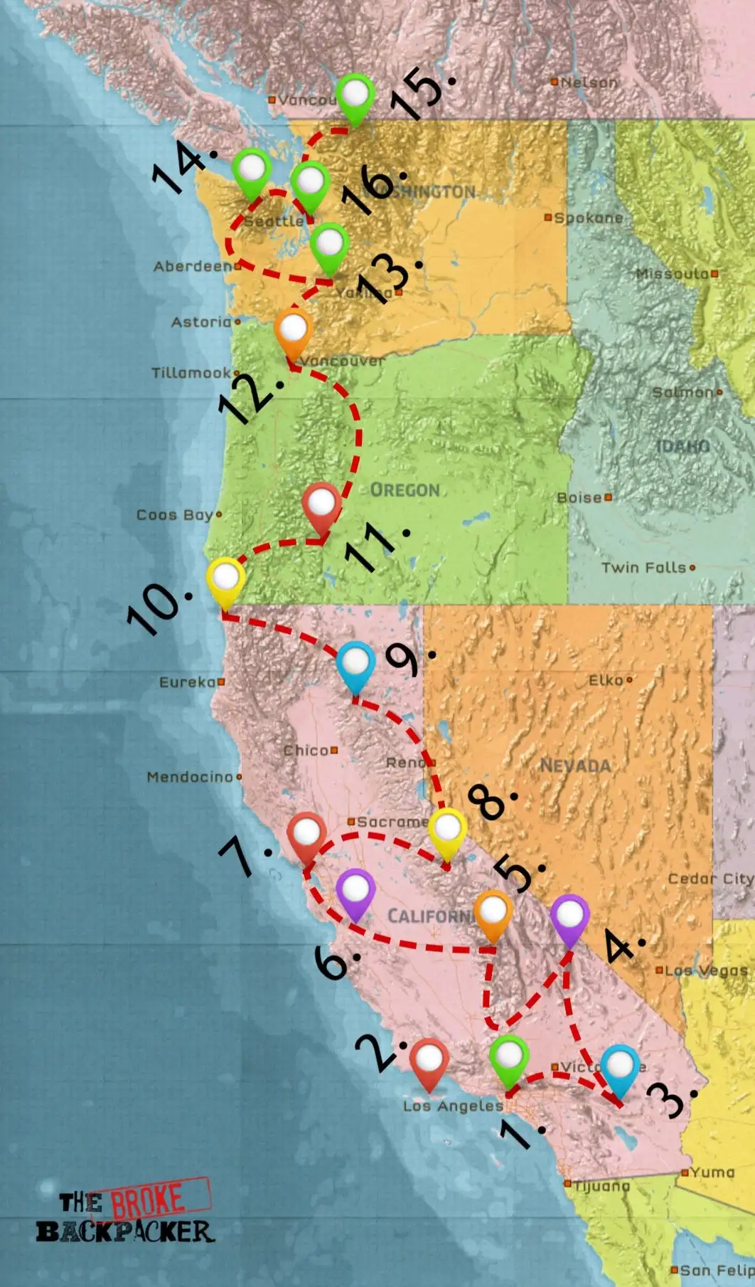 carte de l'itinéraire du road trip sur la côte ouest 10 jours