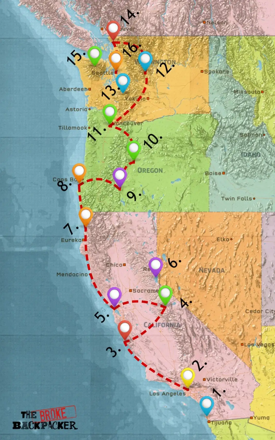 carte de l'itinéraire du road trip sur la côte ouest 3 semaines
