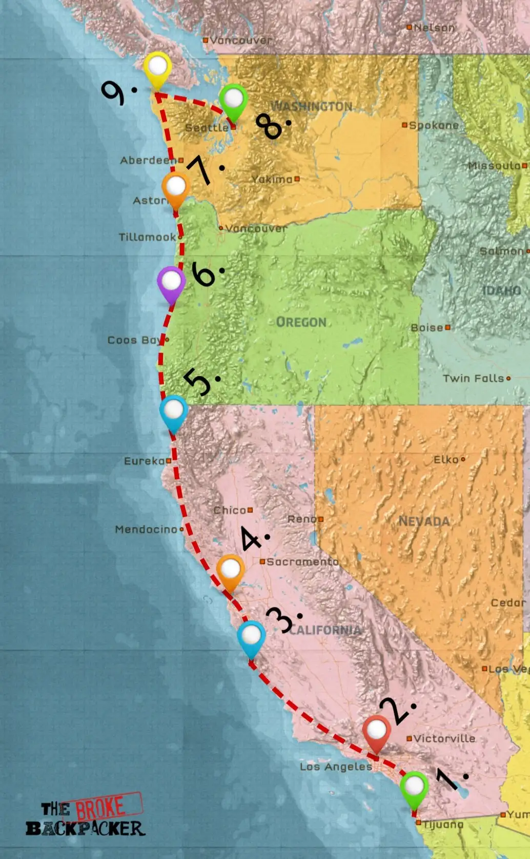 carte de l'itinéraire du road trip sur la côte ouest 14 jours