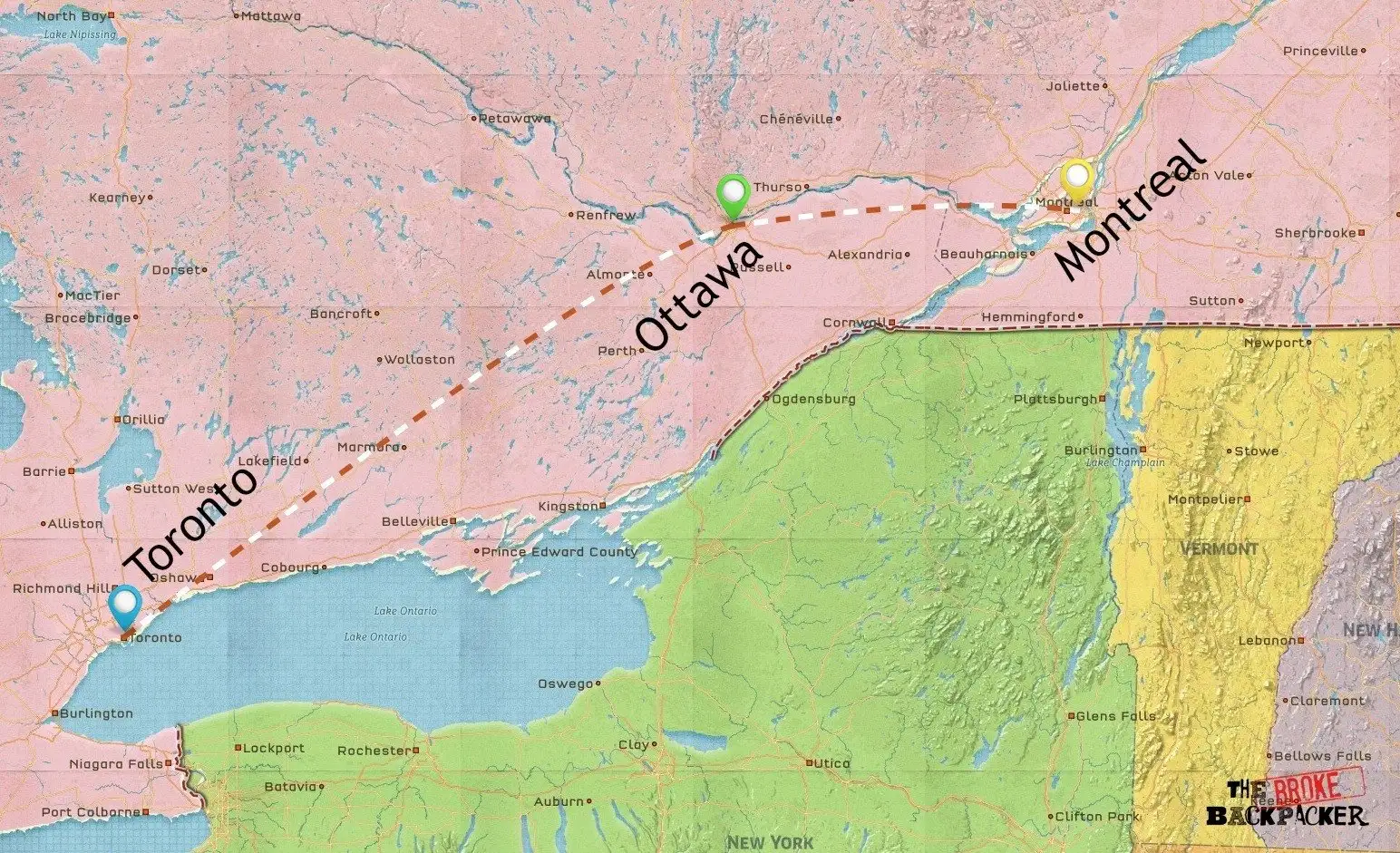 Carte de l'itinéraire de randonnée de 7 jours au Canada