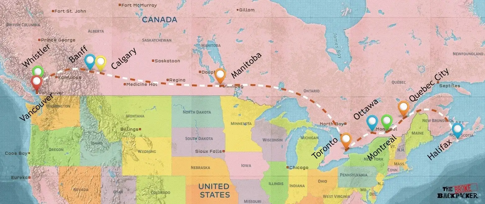 Carte d'itinéraire de randonnée de 4 semaines au Canada