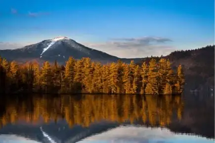 蓝天白云,湖畔小屋,背后有山 镜湖,普莱西德湖