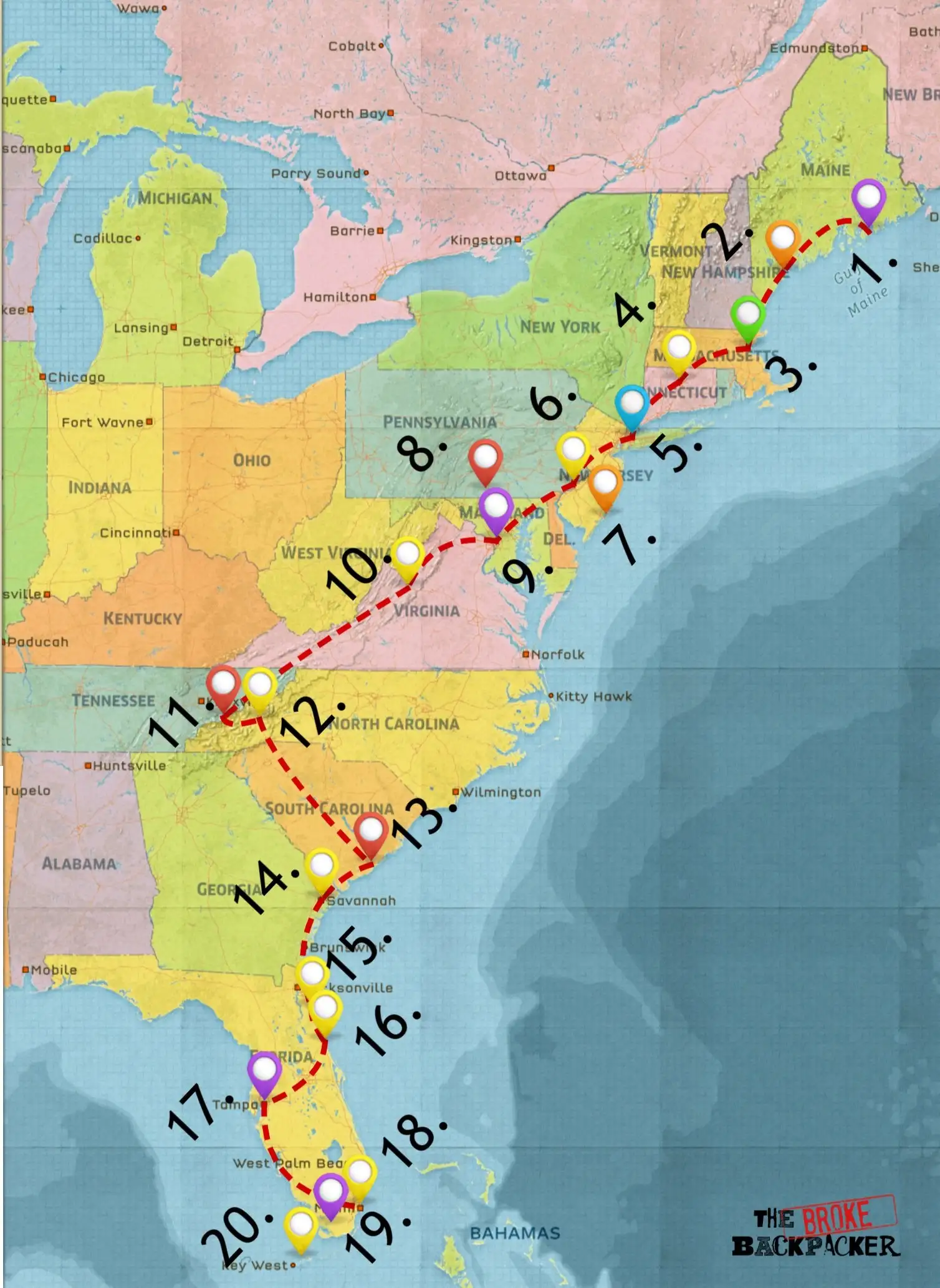 carte du road trip sur la côte est - itinéraire routier n°3