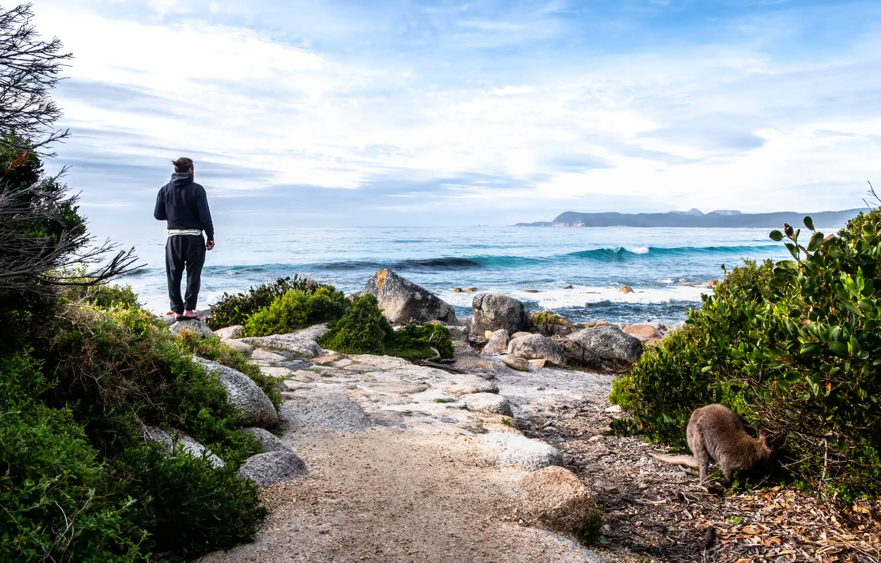 Un vanlifer en randonnée donne sur la plage Friendlies sur la péninsule de Freycinet