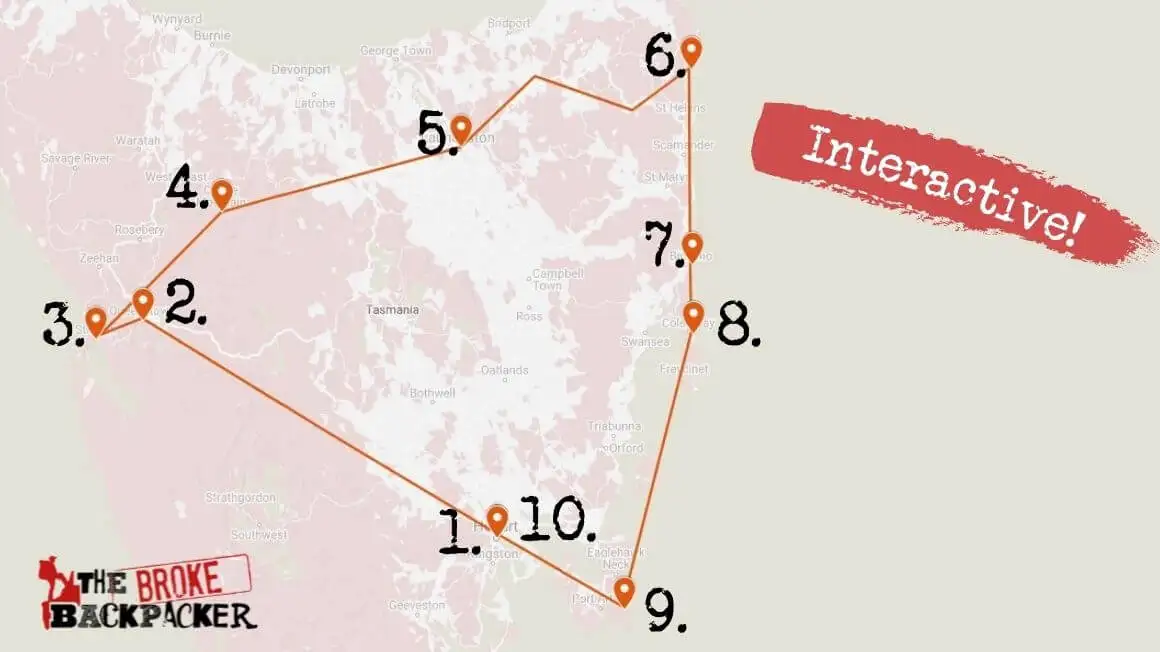 Carte d'un itinéraire de voyage de 10 jours pour la Tasmanie