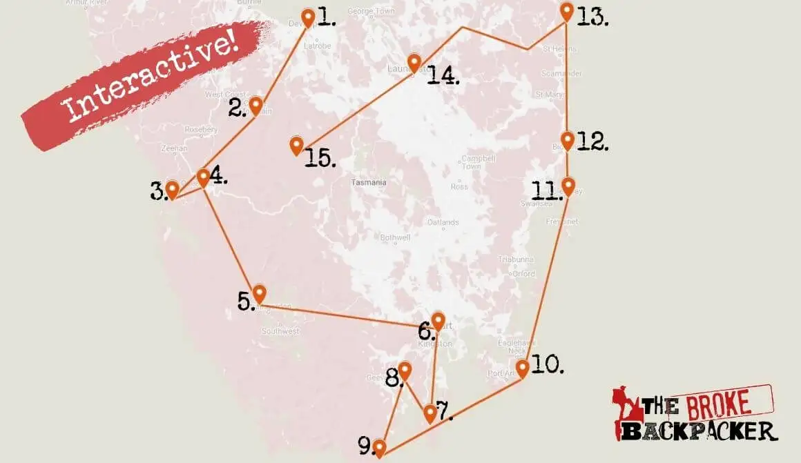 Carte de l'itinéraire de voyage de 21 jours pour la Tasmanie