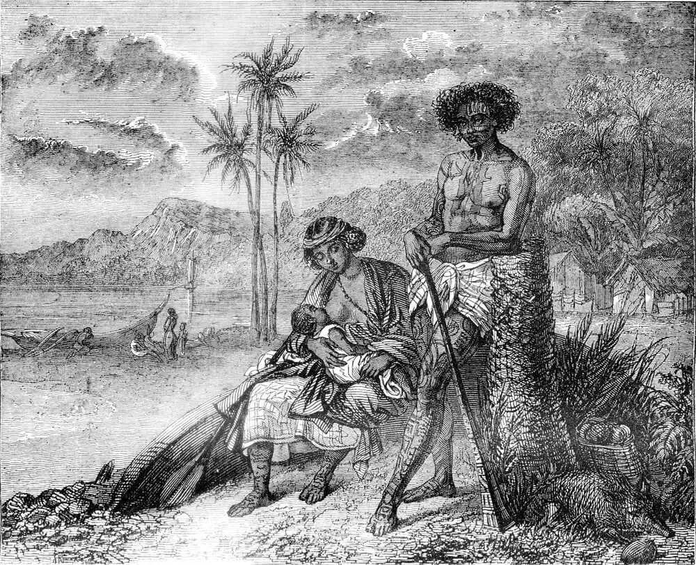 Oud schilderij van de geschiedenis van Tahiti