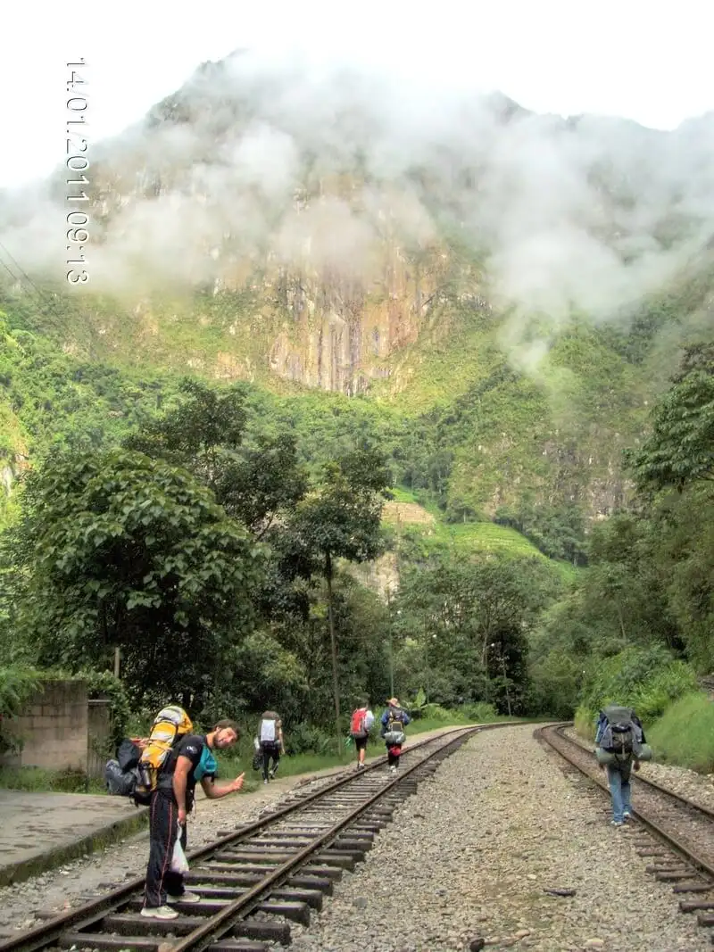 routards marchant à côté de la voie ferrée en direction du Machu Pichu.