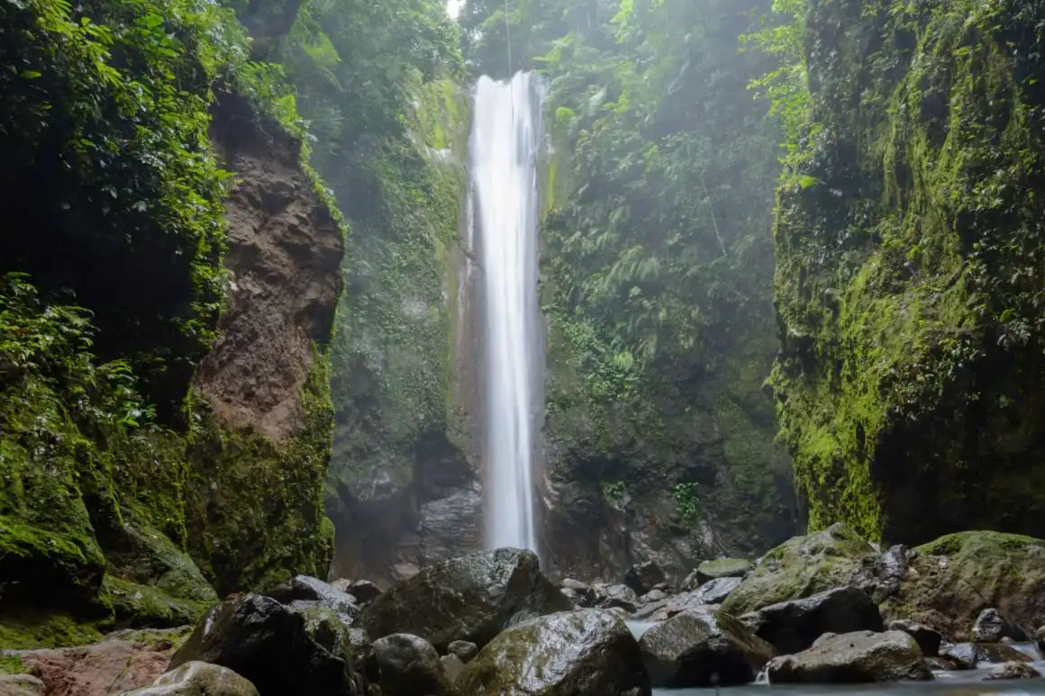 plage rocheuse sur l'île Apo de Dumaguete avec une montagne en arrière-plan