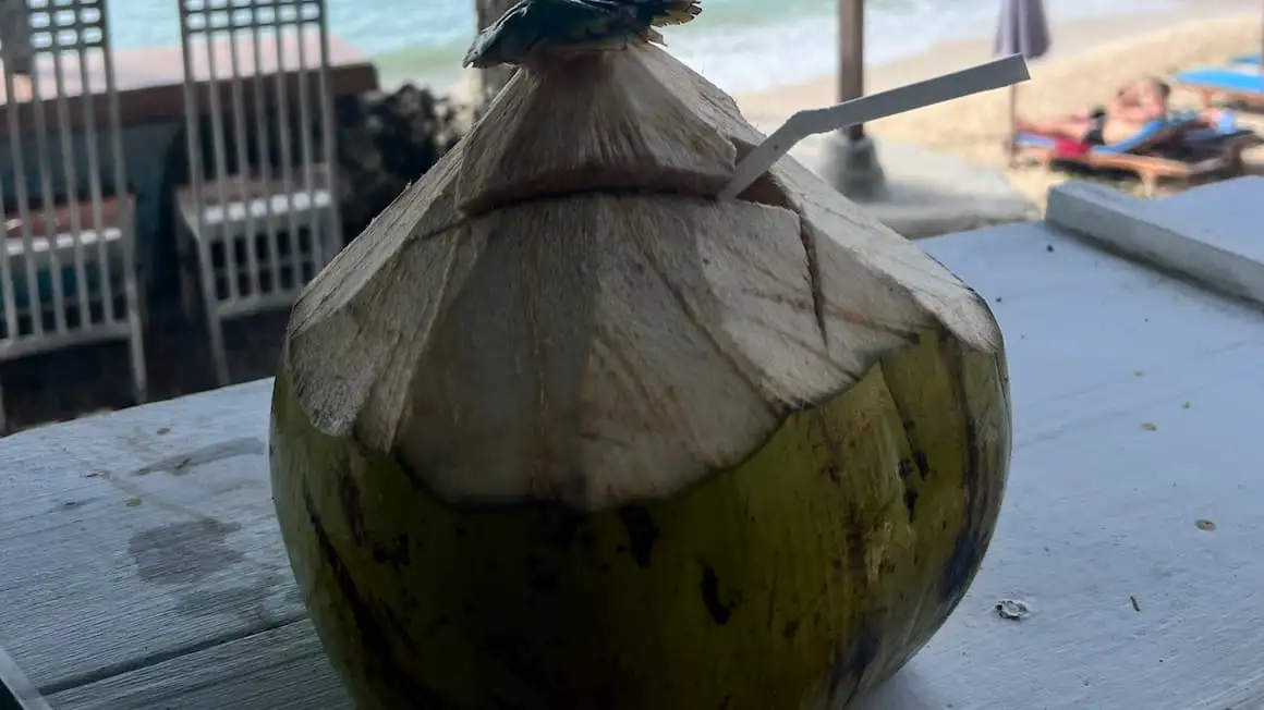 Een groep vrienden praat buiten een café met surfplanken in hun handen.