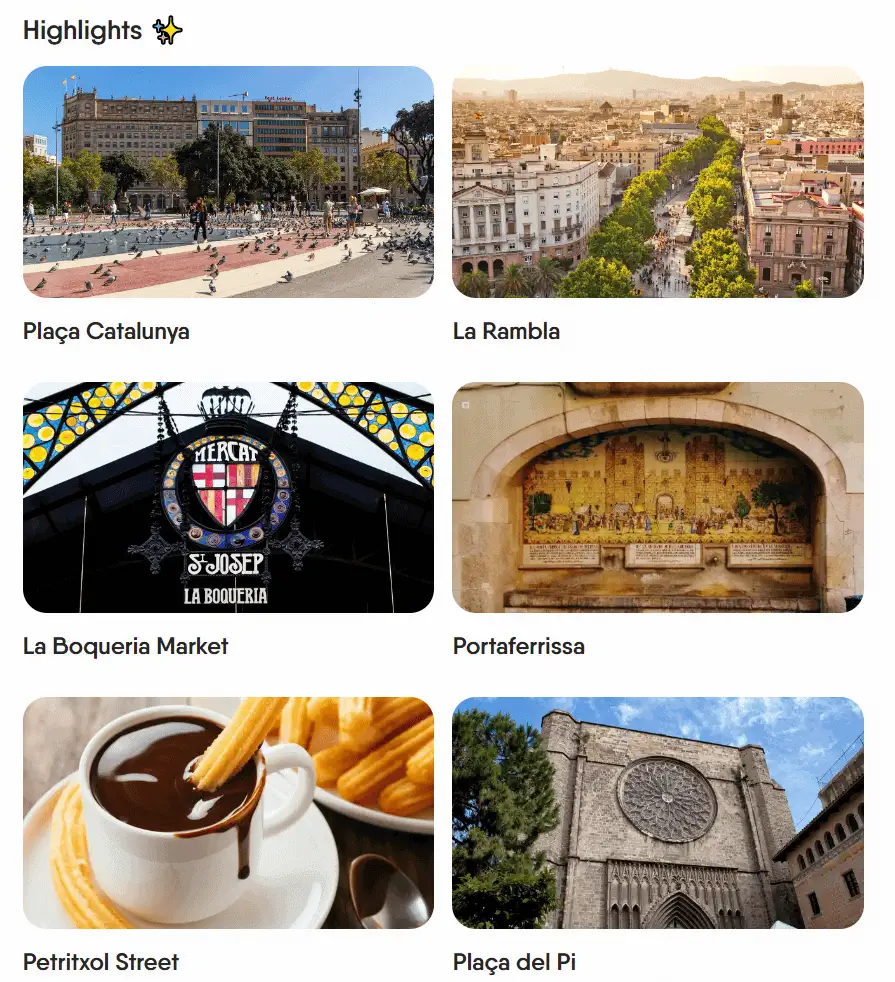 Snímek obrazovky na webu Around zobrazující fotografie nejdůležitějších bodů, které byste viděli na turné po Barceloně