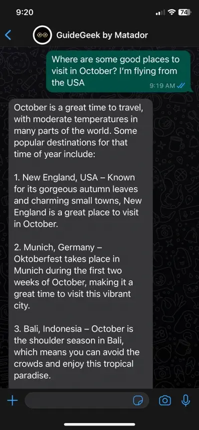 Guidegeek AI ٹریول پلانر کے ساتھ Whatsapp چیٹ کا اسکرین شاٹ