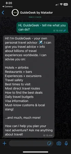 Guidegeek AI ٹریول پلانر کے ساتھ Whatsapp چیٹ کا اسکرین شاٹ