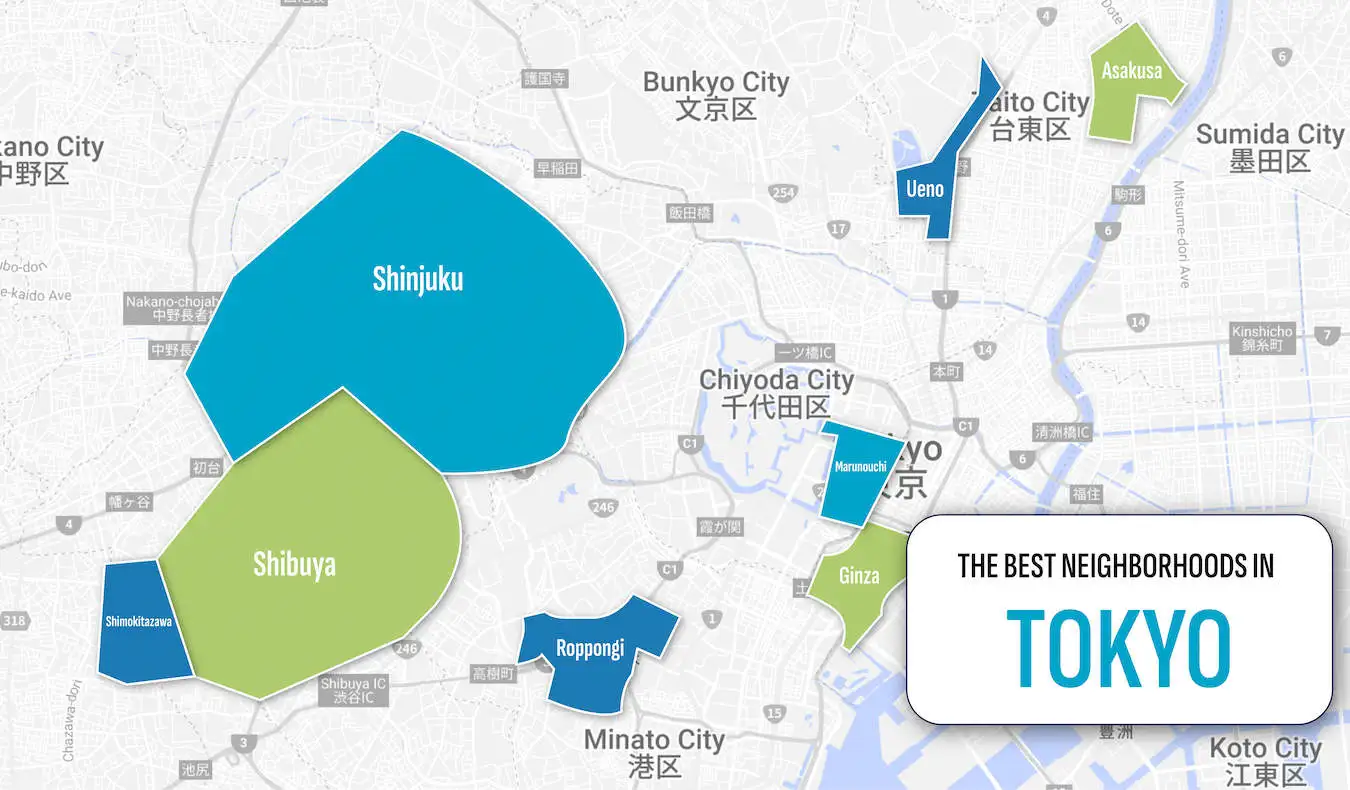 Um mapa mostrando os melhores bairros para se hospedar em Tóquio, Japão