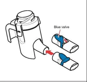 Attach the Mouthpiece to the Handset body. Make sure the Blue valve is pressed down. - Illustration