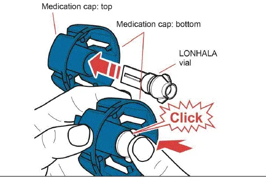 Insert one LONHALA vial into the bottom of the Medication cap until it Clicks. - Illustration