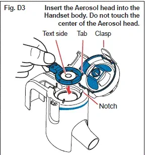 Insert the Aerosol head into the Handset body. Do not touch the center of the Aerosol head. - Illustration