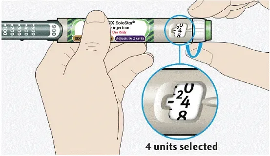 Select 4 units by turning the dose selector - Illustration