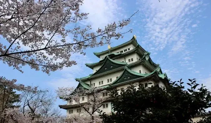 Un château japonais traditionnel entouré d'arbres et d'un ciel bleu éclatant