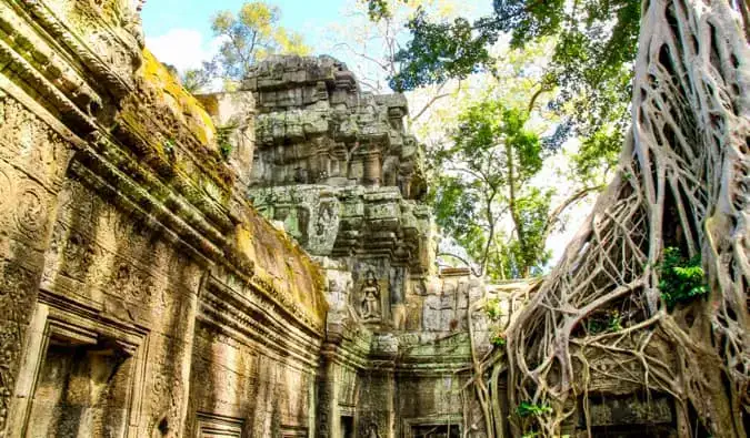 L'un des nombreux temples anciens entourés d'arbres à Angkor Wat au Cambodge