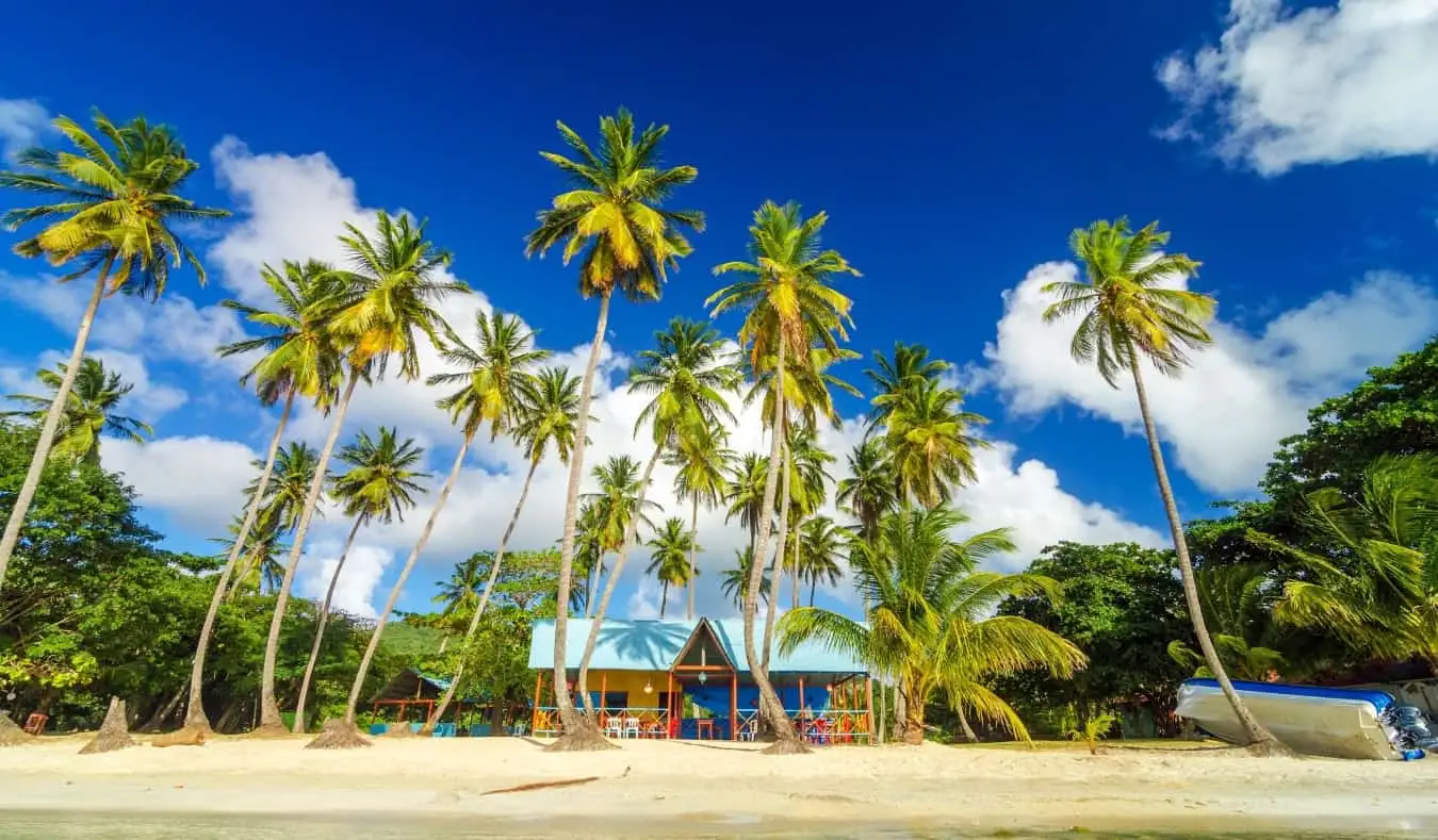 Cabane colorée sur une plage entourée de palmiers à Providencia, Colombie