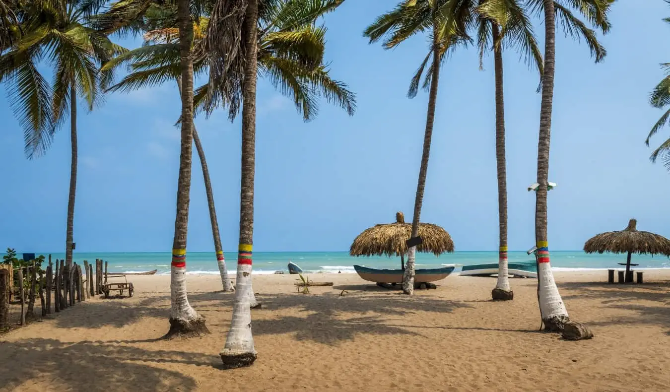 Une plage déserte couverte de palmiers dans la ville de Palomino en Colombie
