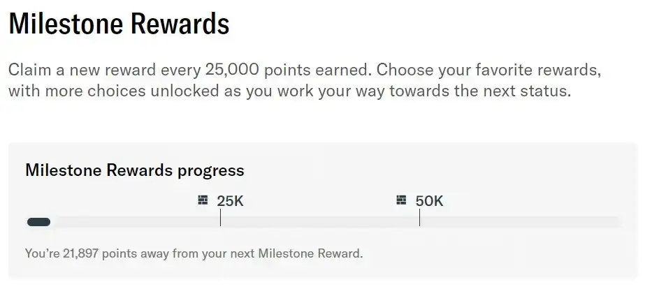 Barre de progression vers l'obtention de récompenses Bilt Milestone, avec des hachures à 25 000 et 50 000 points