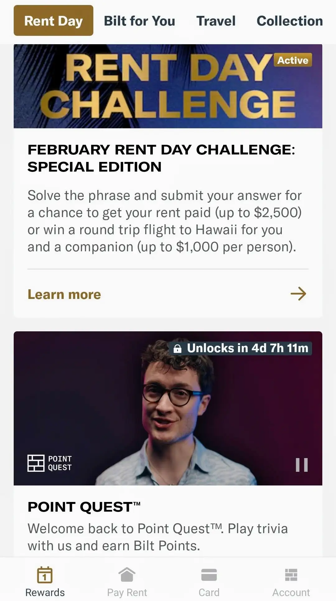 Snímek obrazovky z aplikace Bilt z Rent Day Challenge