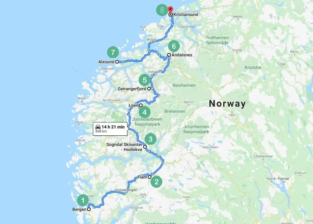 Mapa da Rota 2 da Noruega