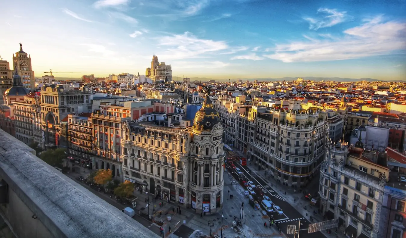Istorinė Madrido panorama, Ispanija saulėlydžio metu