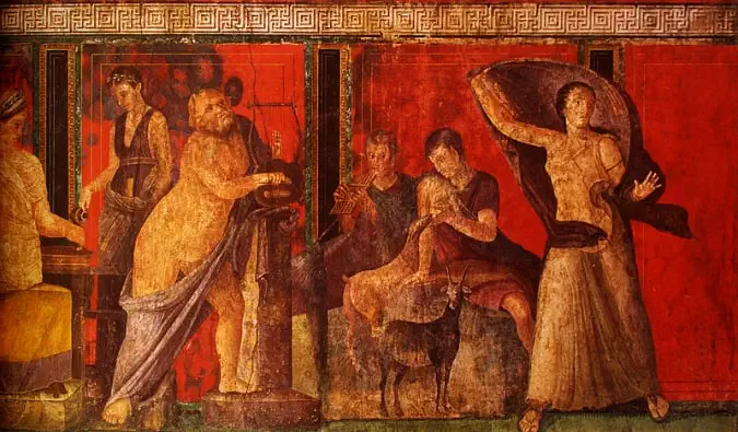 Une fresque colorée de la villa des mystères de Pompéi, Italie